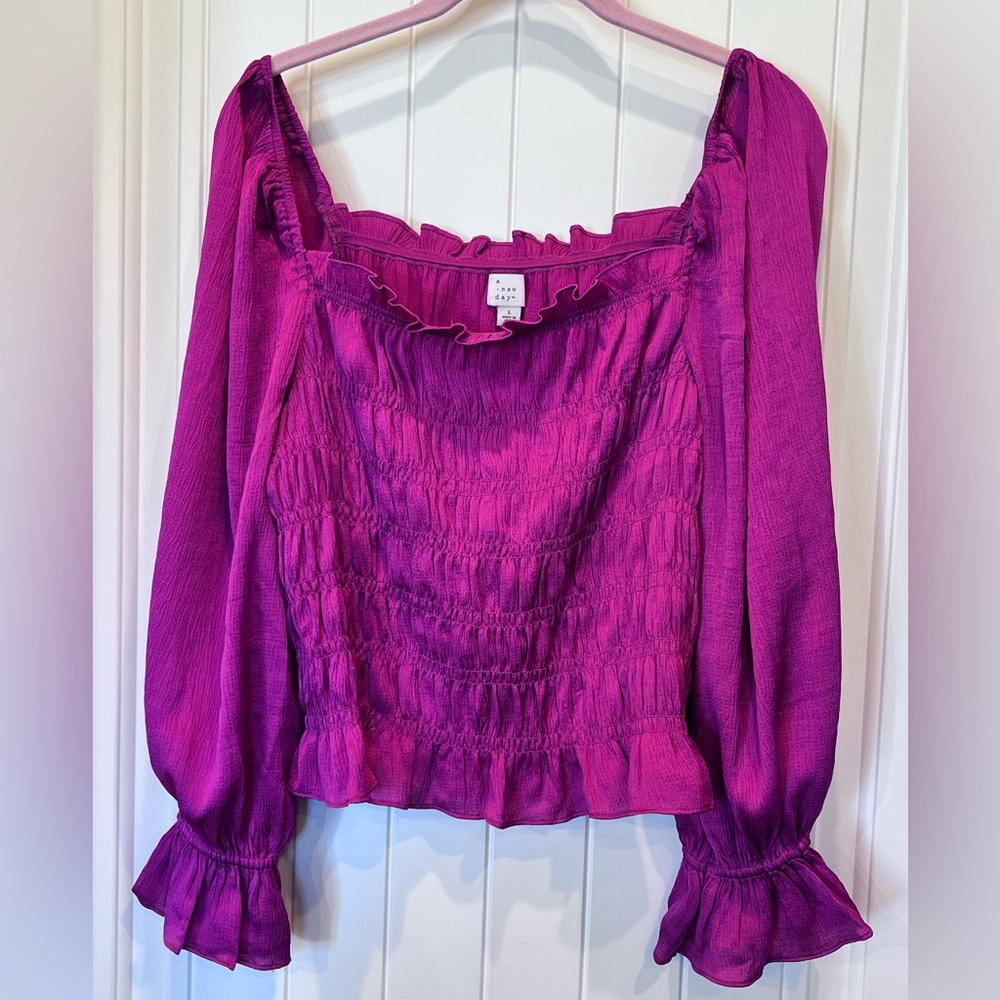 Peasant Smocked Puffed Log Sleeve Milk Maid Fuchsia Pink Top Large